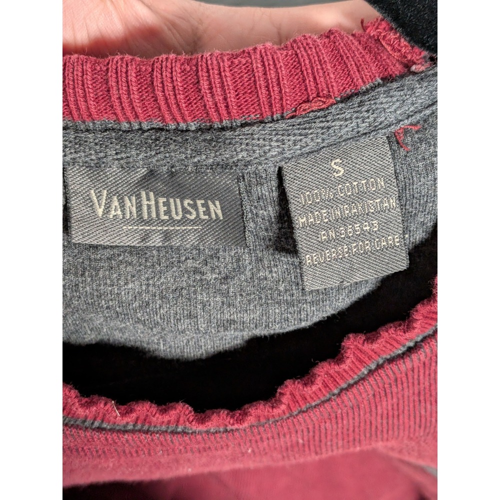 Van Heusen Mens Small Burgundy Ribbed Cotton Long Sleeve‎ Shirt Grey Stripe Crew - Picture 12 of 12